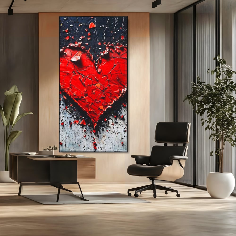Tablou canvas cu tablou canvas cu o inima rosie crapata, in rama de aluminiu negru, pe perete intr-un birou